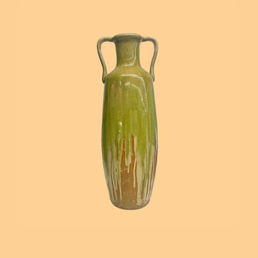 Vintage Vase Retro 1990s Handmade + Pottery + Large + Tall Size + Drip Glazed + Brown + Green + Handles + Jug + Home Accent Decor 