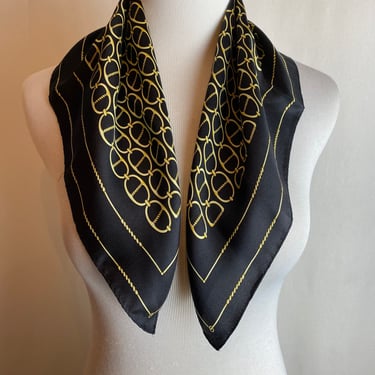 Vintage 90’s silk scarf black with gold chain print bling hand rolled square headscarf neckerchief 
