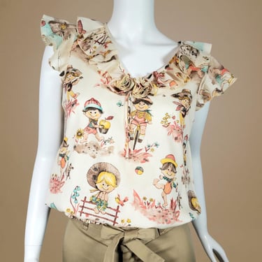 1970s summer top vintage novelty kitschy flutter sleeve blouse mod esoteric kidcore print ruffles ruched elastic waist relaxed fit (36 bust) 