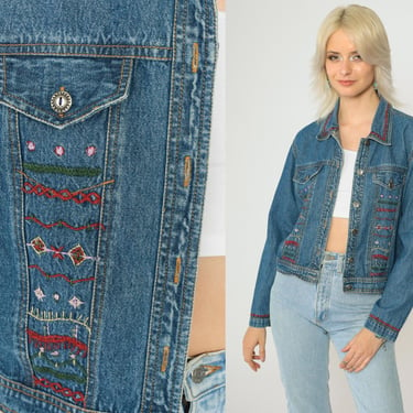 Embroidered Denim Jacket Y2k Geometric Jean Jacket Indian Button up Jacket Thin Lightweight Hippie Bohemian Vintage 00s Small Medium Petite 