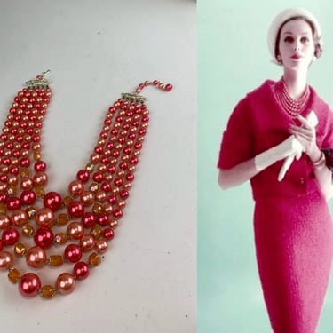 Awaiting Spring - Vintage 1950s 1960s Coral & Amaranth Pink Pearl Beads 5 Strand Necklace 