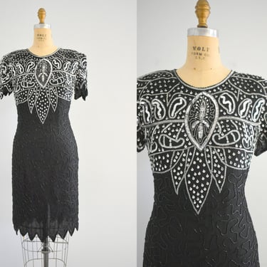 1980s Sweelo Black and Silver Bead and Sequin Cocktail Dress 