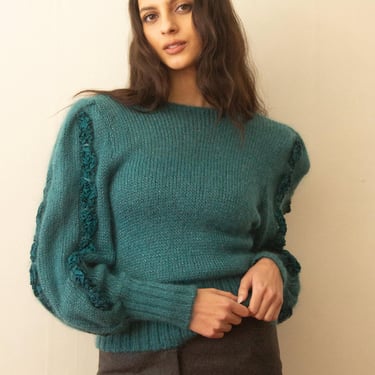 1980s Italian Turquoise Angora Blend Bishop Sleeve Knit with Ruffled Trim 