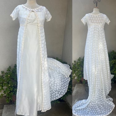 Vintage amazing boho wedding maxi white dress with floral print sheer cover train XS 