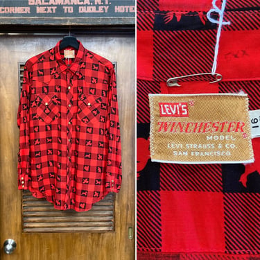 Vintage 1960’s Levi’s Winchester Western Cotton Animal Print Plaid Cowboy Work Shirt, 60’s Snap Button Shirt, Vintage Clothing 