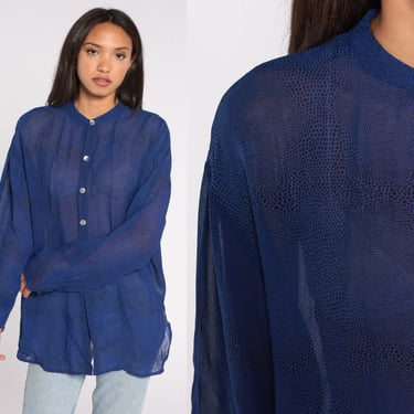 Sheer Blue Top 00s Shirt Snakeskin Print Dot Blouse Y2K Shirt Long Sleeve Button Up See Through Vintage Oversized Extra Small xs 2 