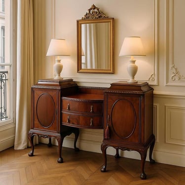 Antique Chippendale Sideboard Buffet – Carved Mahogany Server Cabinet with Claw Feet & Brass Pulls | Vintage Dining Room Storage 