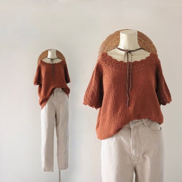 terra cotta cotton knit - l - vintage womens size large 90s y2k brown rust orange lace shirt blouse short sleeve 