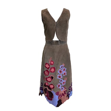 Judy's 1970s Suede Vest and Skirt Ensemble with Floral Appliqué