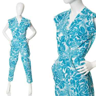Vintage 1980s Jumpsuit | 80s Hawaiian Tropical Leaves Floral Printed Cotton Blue Pants Romper with Pockets (x-small/small) 