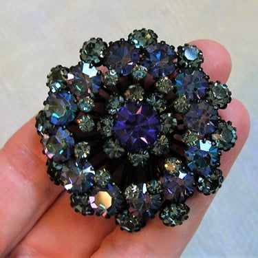 Vintage Austria Blue Rhinestone Brooch Pin, High End Costume Jewelry With Japanned Metal, Old Austria Brooch Pin (#4241) 