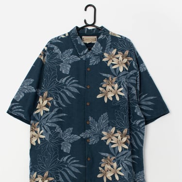 Vintage silk Hawaiian shirt in dark blue with hibiscus floral print - XL 