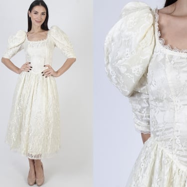 Cream Jessica McClintock Dress, All Over Lace, Gunne Sax Prom Gown, 80s Romantic Puff Sleeves 