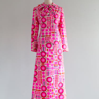 Miss Plum Blossom 1960's Pink &amp; Red Psychedelic Silk Dress &amp; Jacket Set / M