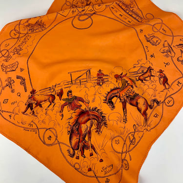Rare >>> 1940'S Cowboy Rodeo Handkerchief - Bucking Bronco's - Color Enhanced Images on Rayon - Stitched Hem - 19-1/4 Inches x 20 Inches 