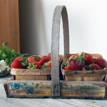 Wooden berry box / vintage berry picking box with baskets / vintage fruit crate / strawberry harvest tray with 4 baskets / berry harvest box 