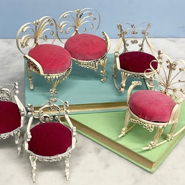 Vintage Doll House Furniture Retro 1960s Mid Century Modern + White Tin + Metal Frames + Set of 5 + Pink and Burgundy + Felt Fabric + Chairs 