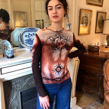 1990s RARE Jean Paul Gaultier Maille mesh top safe sex forever tattoos print / medium - large 