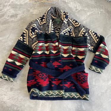 Vintage Ralph Lauren Country Southwestern Print Belted Cardigan 