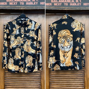 Vintage 1970’s Black Background Tiger Glam Disco Back Panel Shirt Top, 70’s Vintage Clothing 