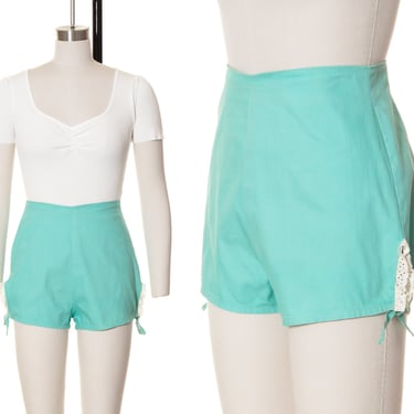 Vintage 1940s Shorts | 40s Mint Green Cotton High Waisted Lace Trim Side Ties Sanforized Booty Shorts Pin Up Summer Hot Pants (small) 