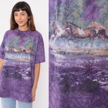 Wild Horse Shirt Y2K Purple Tie Dye Graphic Tee Distressed Paint Splatter Animal T-Shirt Retro TShirt Wildlife Nature Vintage 00s xxl 2xl 
