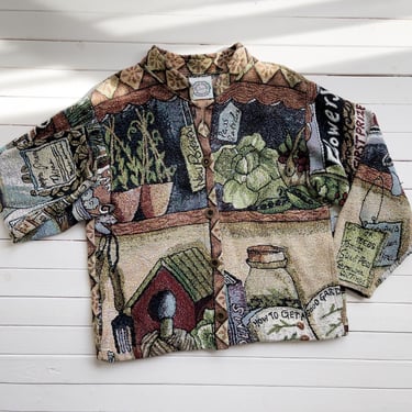 tapestry jacket 90s vintage Sugar Street Weaves cottagecore gardening woven blanket coat 