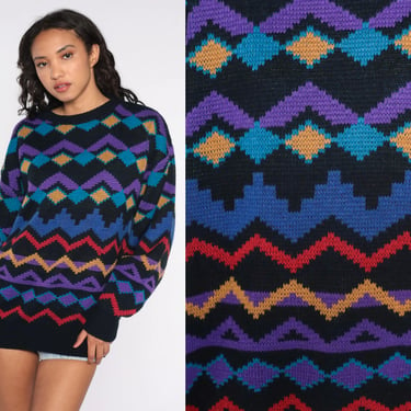 80s Geometric Sweater Striped Print 90s Knit Jumper Acrylic 90s Statement Grunge Vintage Pullover Black Blue Purple Bugle Boy Extra Large xl 