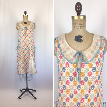 Vintage 30s apron | Vintage deco floral print overdress | 1930s cotton apron dress 