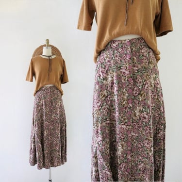 botanical button maxi skirt - 27-28 - vintage 90s y2k mauve floral foliage long rayon soft skirt cute cottage cottagecore 