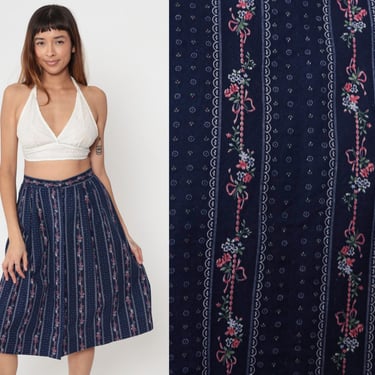 80s Floral Skirt Dark Blue Button Up Midi Skirt Boho Skirt Striped Delicate Flower Print Vintage Hippie 1980s Festival Small 