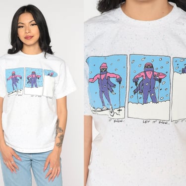 Funny Skier Shirt 90s Let It Snow T Shirt Retro Skiing Tshirt Joke Ski Graphic Tee Winter Sports Novelty Top Vintage 1990s Oneita Mens Small 