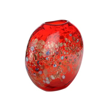 Large Venini Murano Midcentury Ovoid Ruby Red Glass Vase With Murrina 