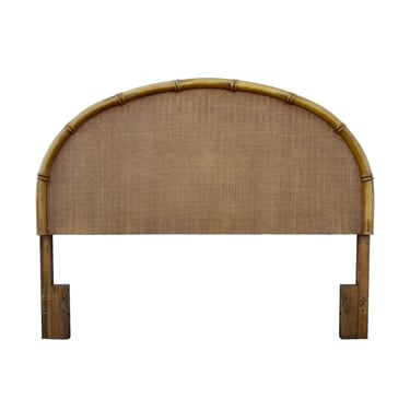 Vintage Queen Headboard with Faux Bamboo & Rattan Wicker - Wooded Half Moon Style Coastal Bedroom Furniture 