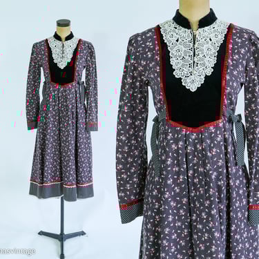 Gunne Sax | 1970s Black Cotton Peasant Dress | 70s Black Floral Midi Dress | Gunne Sax | Small 