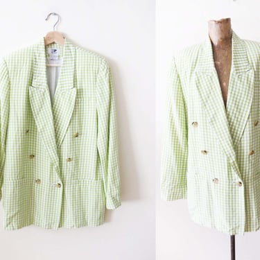 90s Lime Green Gingham Plaid Blazer Jacket S M - Oversized Womens Double Breasted Jacket - Preppy Neon Jacket 