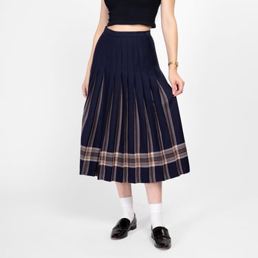 Medium 80s Navy Blue Plaid Pleated Midi Skirt 28" | Vintage Wool High Waisted Dark Academia Long Skirt 