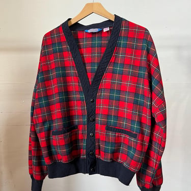 L, Vintage Made in USA Pendleton Red Plaid Cardigan Jacket, Wool, B 