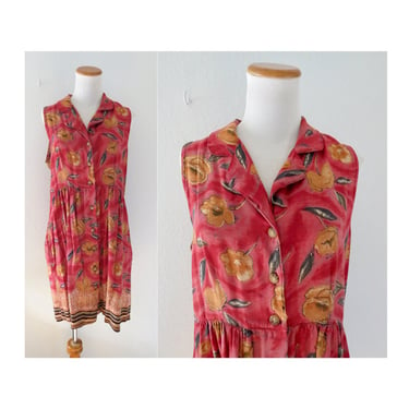 Vintage 90s Babydoll Dress Boho Floral Print Sleeveless Button Up Summer Bohemian Size Large 