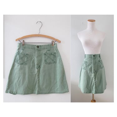 Vintage 70s Mini Skirt - Sage Green Denim High Waisted Jean Skirt - Boho Hippie Spring Summer Outfit - Size Medium 28