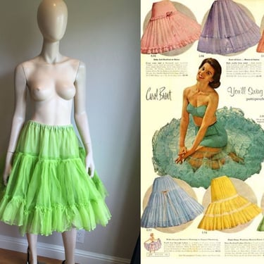 Swirl Into Summer - Vintage 1950s 1960s Bright Green Double Layered Crinoline Petticoat 