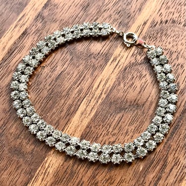 Vintage Rhinestone Tennis Bracelet Clear Glass Stones 7” Retro Estate Jewelry 