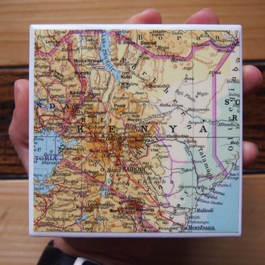 1966 Kenya Vintage Map Coaster. Kenya Map. Repurposed 1960s Atlas. Africa Map Decor. African Gift. Nairobi Map. Mombasa Gift. Lake Victoria. 
