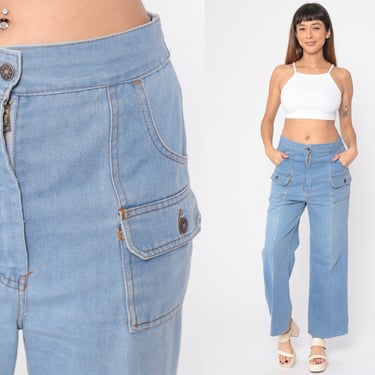 70s Flare Jeans Flared Ankle Jeans High Waisted Rise Retro Denim Bellbottoms Flares Seventies Blue Pants Elastic Waist Vintage 1970s Medium 