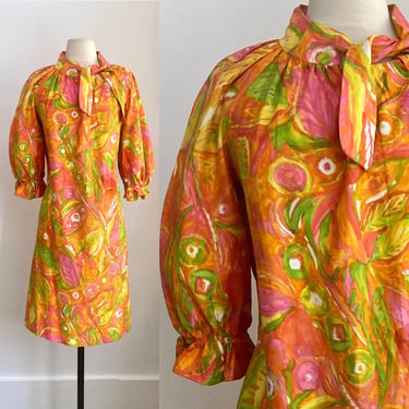Vintage 60s HAWAIIAN TROPICAL TIKI Cover-Up Dress / Caftan Vibe / Puff Sleeve + Bow 