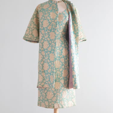 Glamorous Early 1960's Gold & Aqua Brocade Cocktail Dress & Coat Set / SM