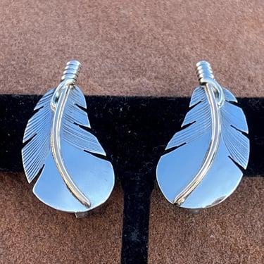 Lena Platero ~ Vintage Navajo Sterling Silver Feather Clip On Earrings 
