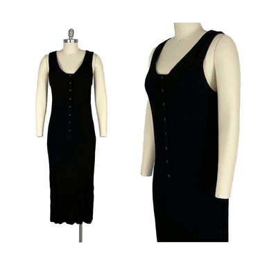 M - Y2K Black Maxi Dress Medium, Sleeveless Long Summer Dress, Fitted Sundress Crinkle Polyester, 2000s Clothes Women Vintage JONES NEW YORK 