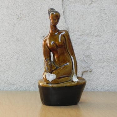 Small Vintage Ceramic Glazed Brown Female Nude Table Sculpture 