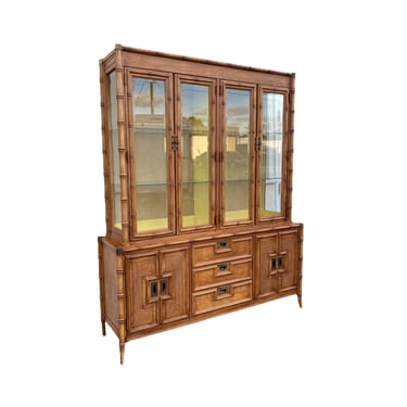 Faux Bamboo China Cabinet by Stanley Furniture - Vintage Rattan Hollywood Regency Wood and Glass Display Hutch 